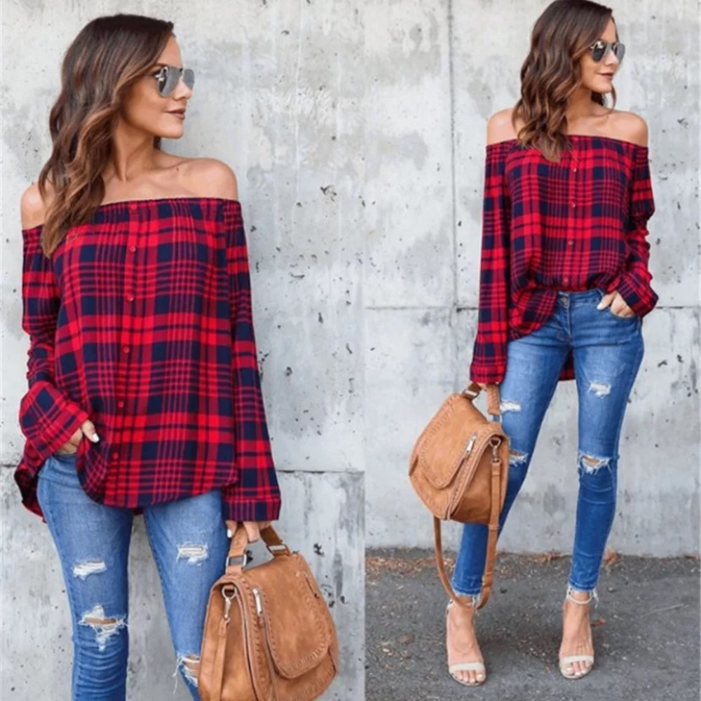 ❤️🌲❗️ Plaid off shoulder top - Picture 2 of 4